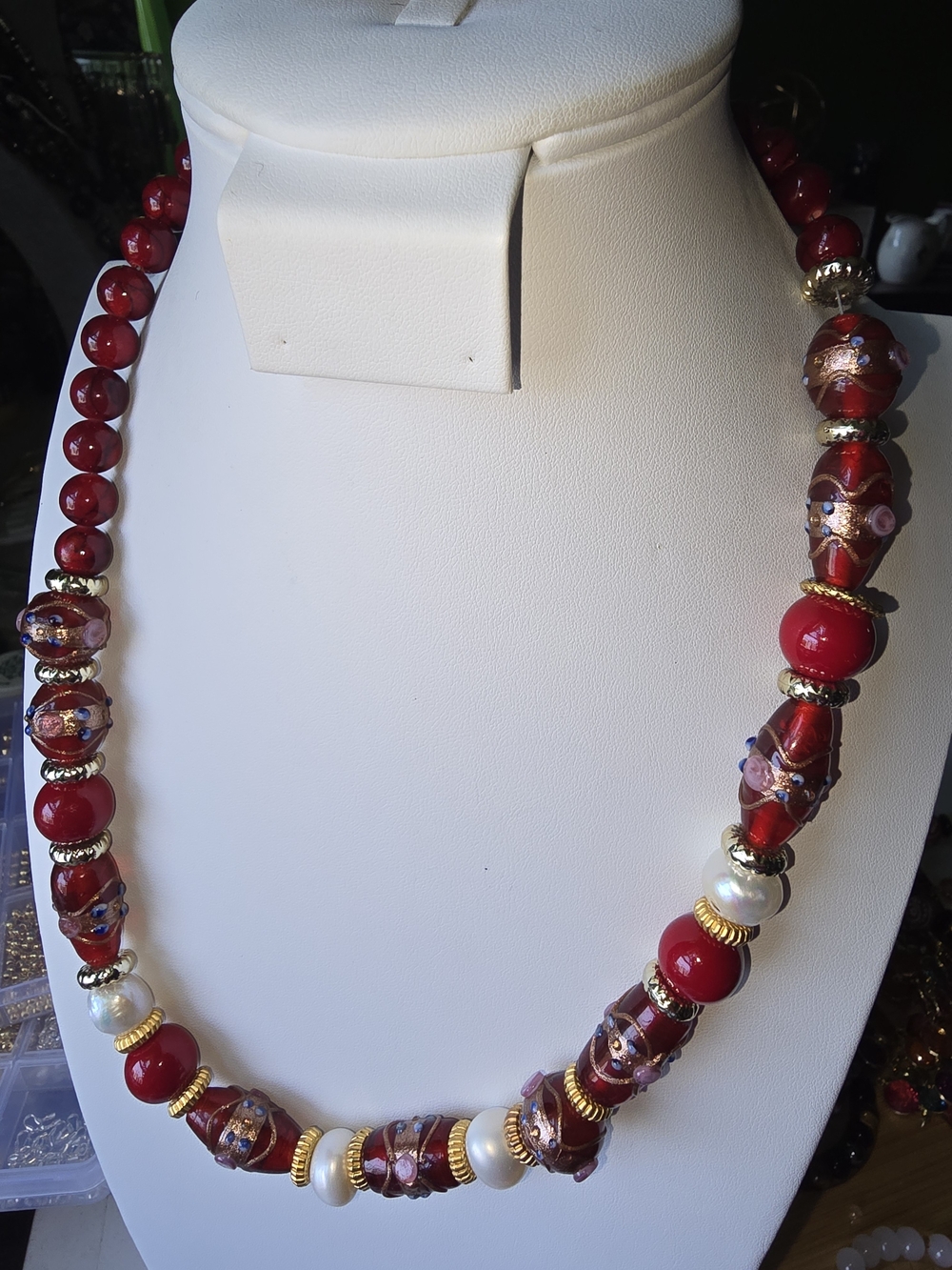 Red Beaded Statement Necklace - Elegant Women's Jewelry